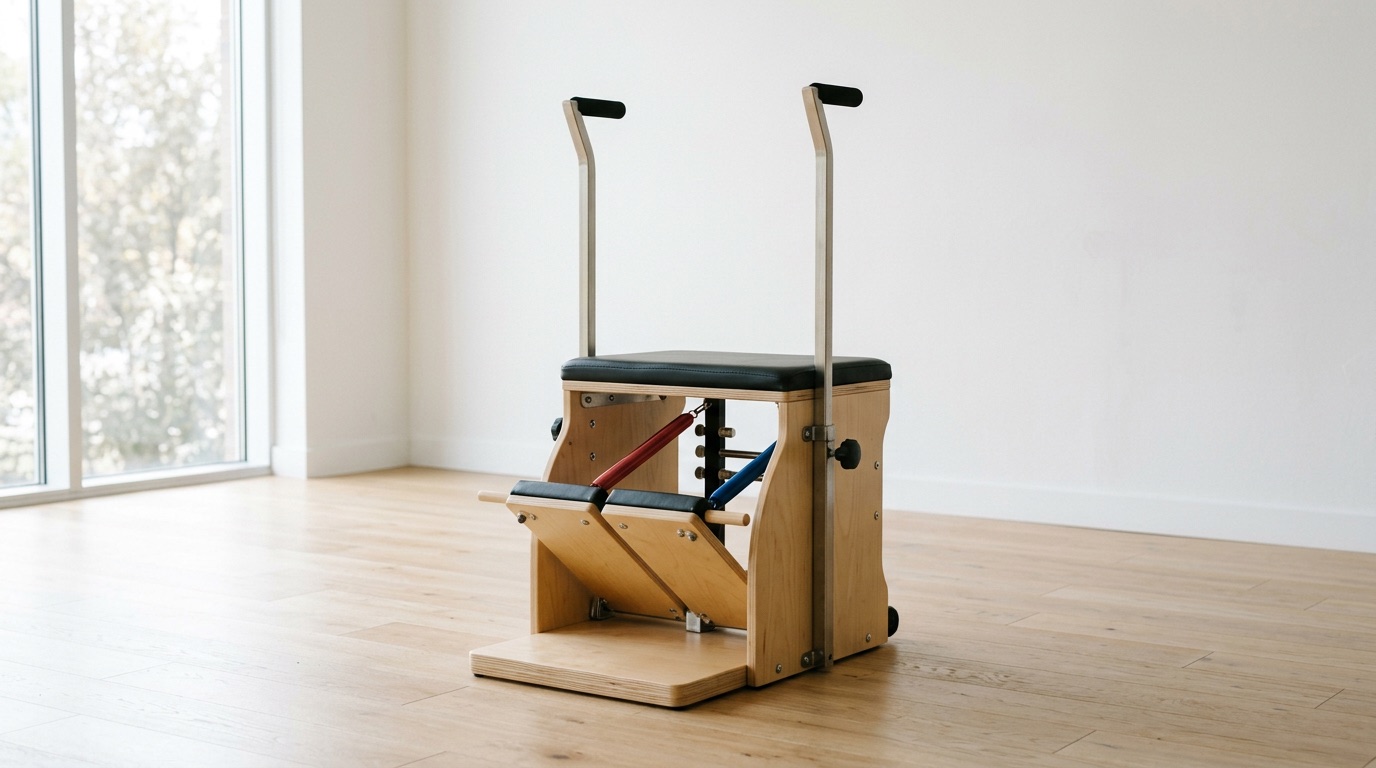 Wunda Chair — kompaktní pilatesová židle s pedály a pružinami.